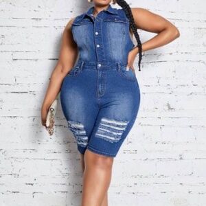 Shein Curve Minimalist Sleeveless Stretch Denim Cropped Jumpsuit Plus Size 2XL